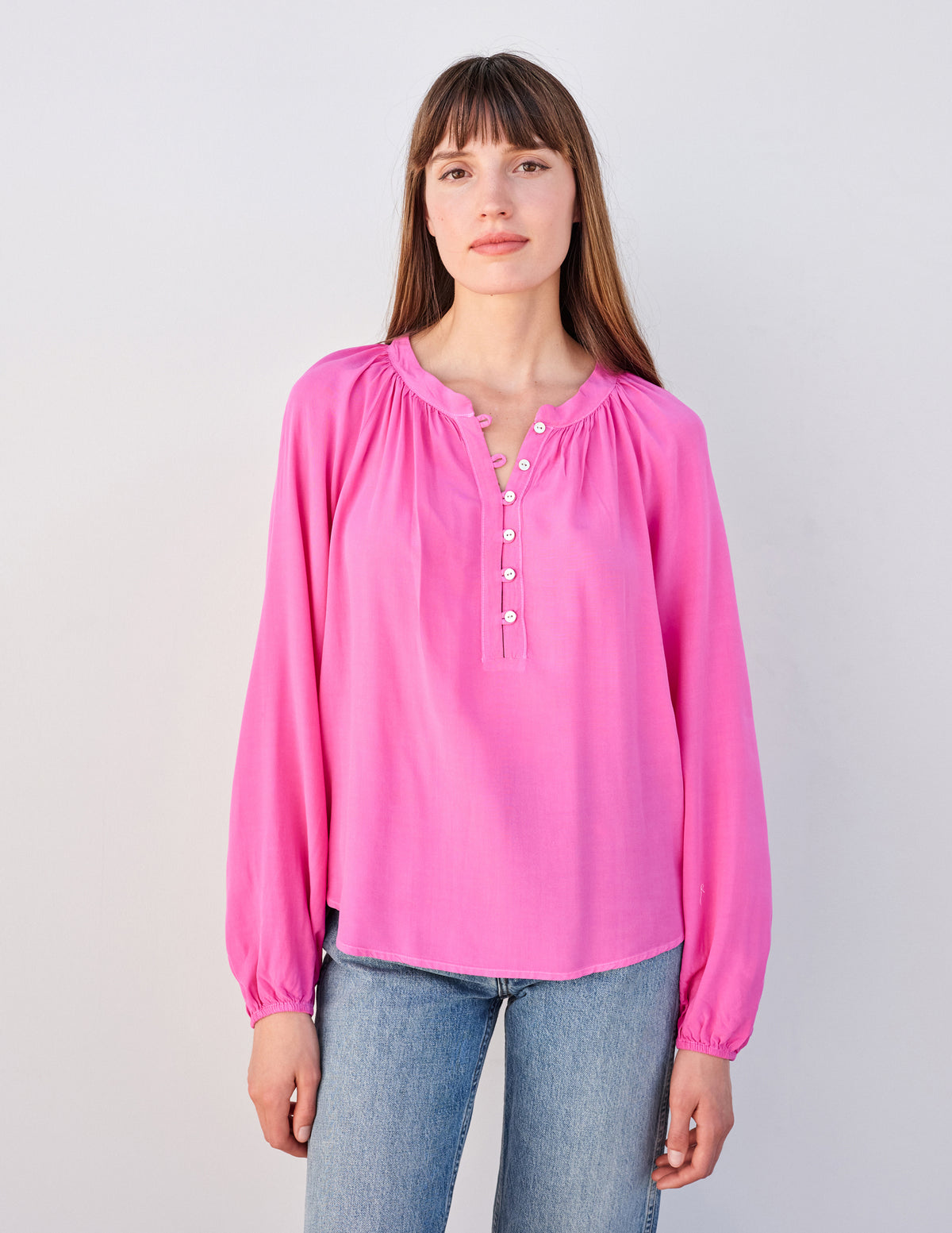 Sundry Smock Waist Wide Leg Pant &amp; Long Sleeve Flowy Blouse Set in Magenta