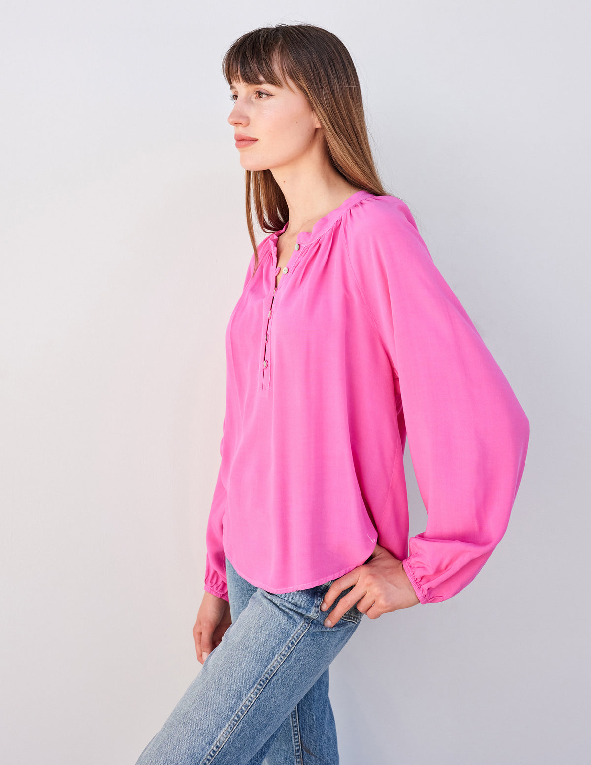 Sundry Smock Waist Wide Leg Pant &amp; Long Sleeve Flowy Blouse Set in Magenta