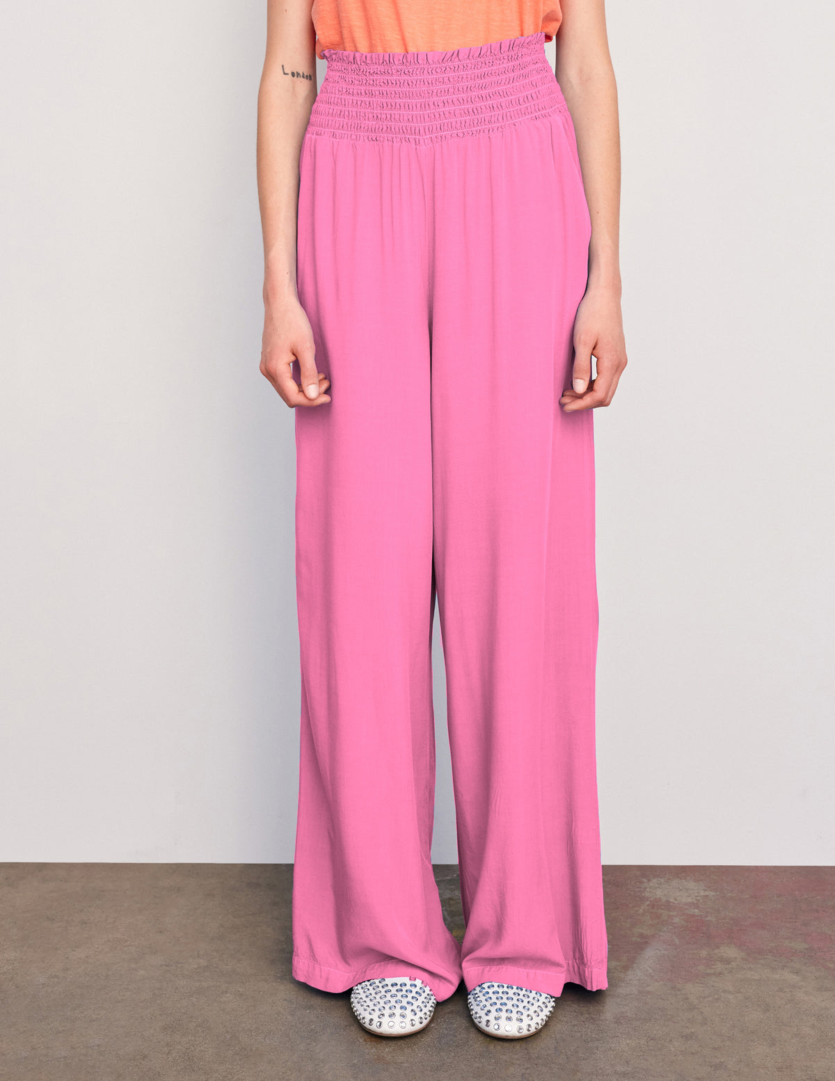 Sundry Smock Waist Wide Leg Pant &amp; Long Sleeve Flowy Blouse Set in Magenta