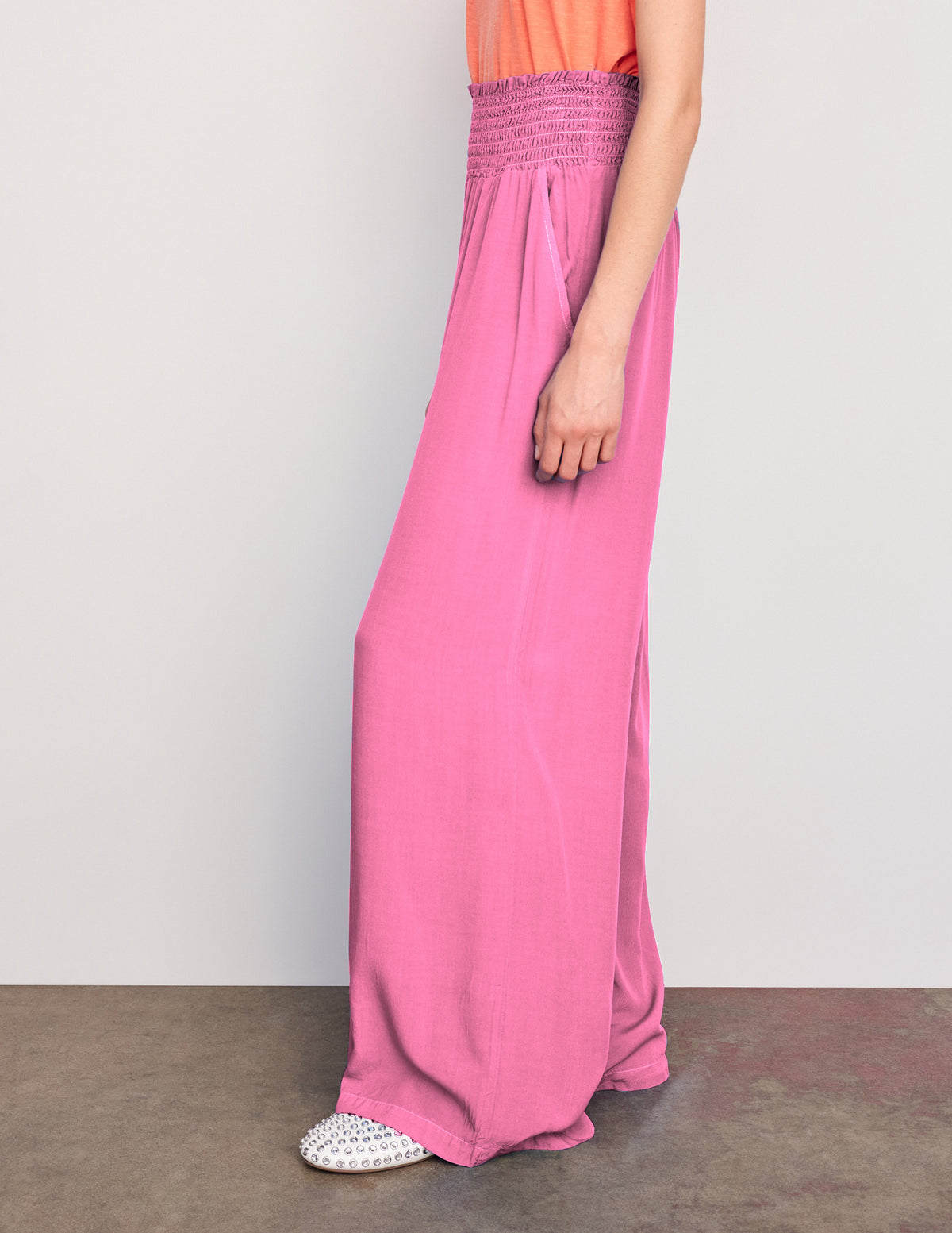 Sundry Smock Waist Wide Leg Pant &amp; Long Sleeve Flowy Blouse Set in Magenta