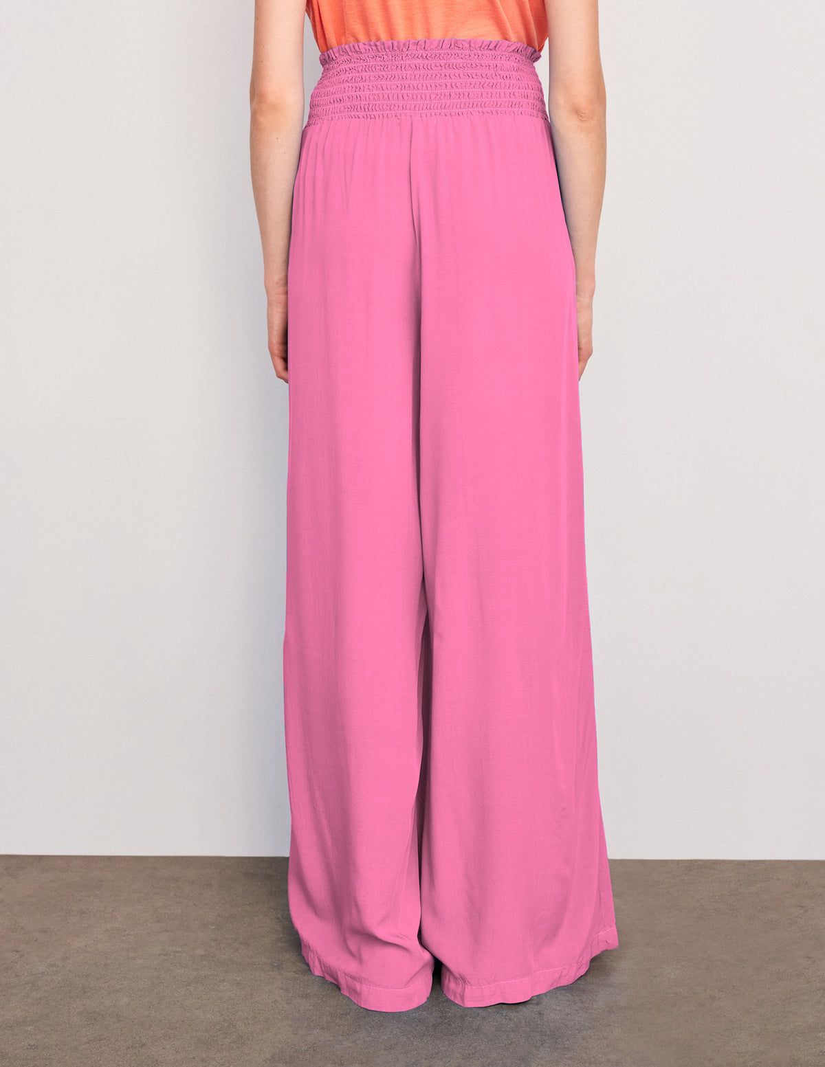 Sundry Smock Waist Wide Leg Pant &amp; Long Sleeve Flowy Blouse Set in Magenta
