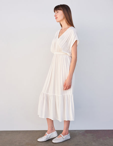 Sundry Midi Dress with Ruffle in Cream-full body front