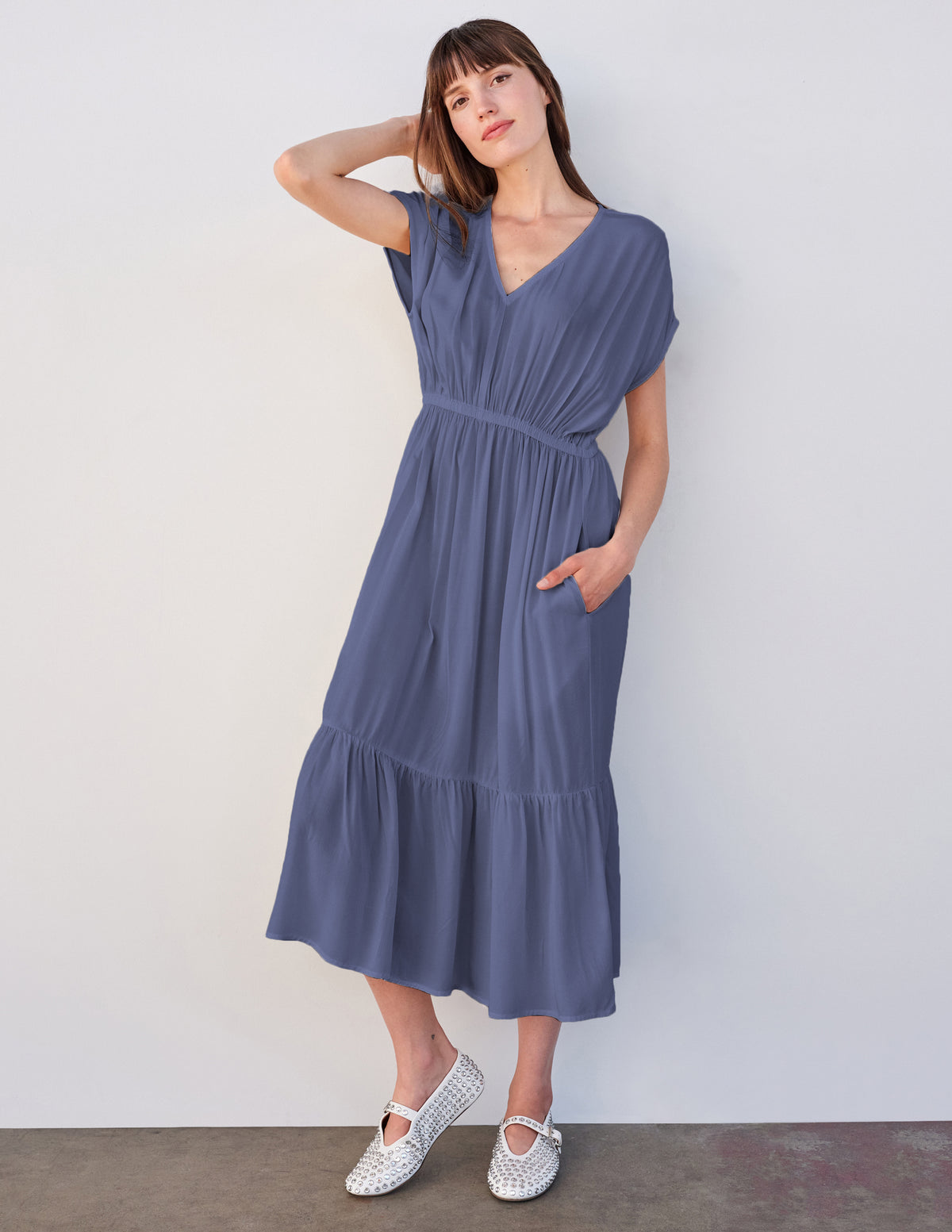 Sundry Midi Dress with Ruffle in Navy-full body front