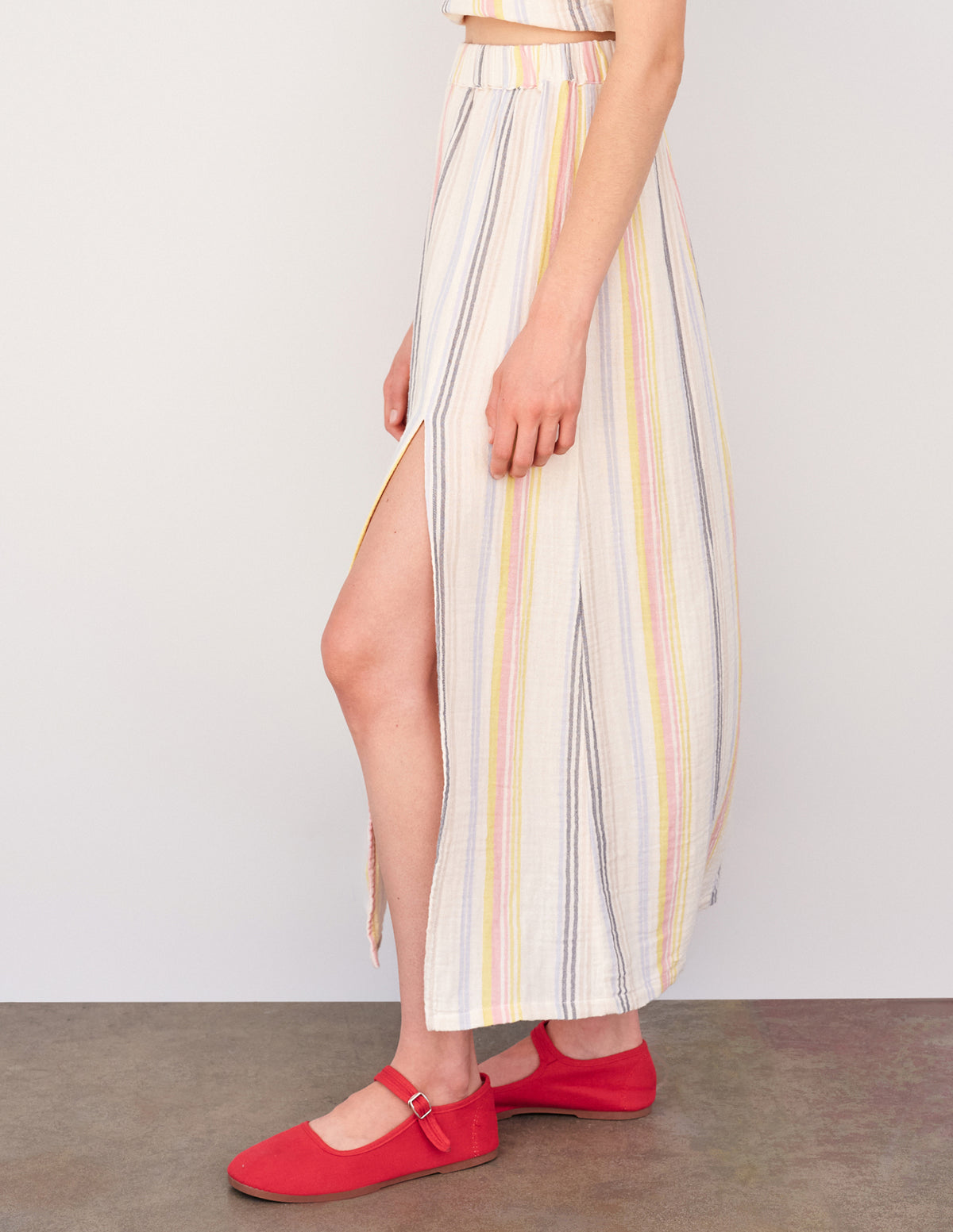 Sundry Long Skirt with Slit in Cream/Multi Stripes