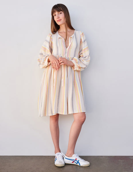 Sundry Midi Blouson Sleeve Dress in Cream Multi Stripes