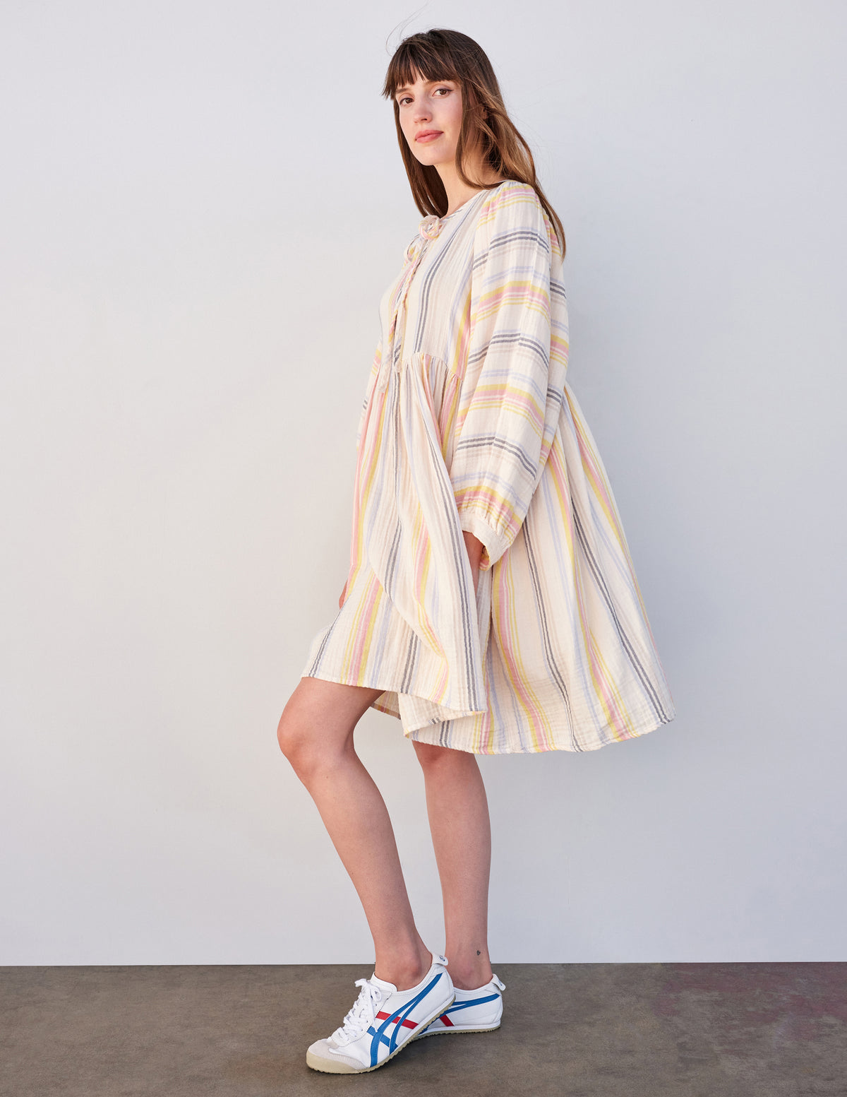 Sundry Midi Blouson Sleeve Dress in Cream/Multi Stripes
