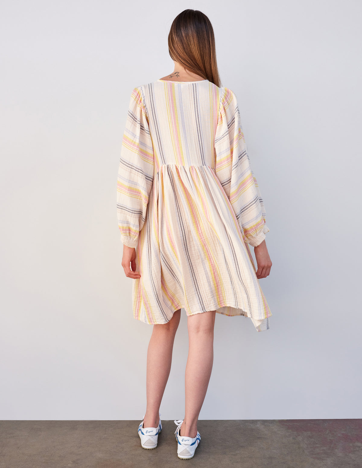 Sundry Midi Blouson Sleeve Dress in Cream/Multi Stripes