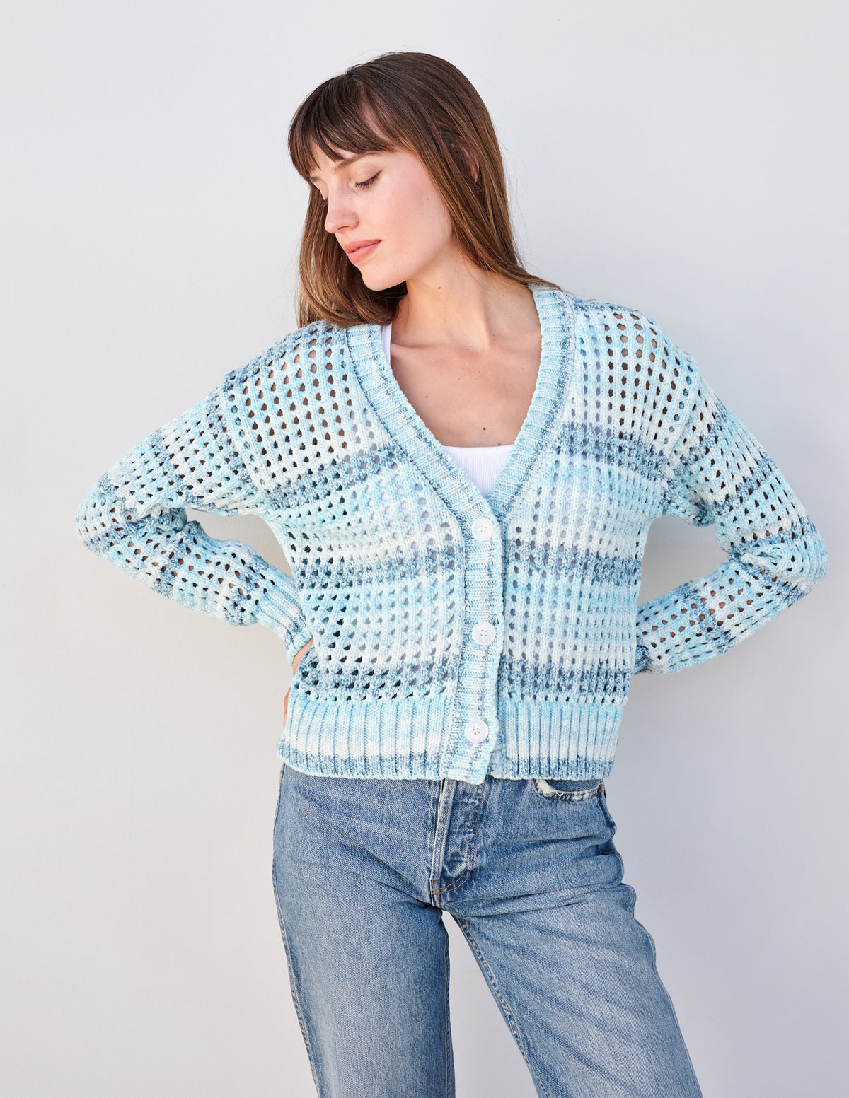 Sundry Boxy Crochet Cardigan in Aruba Blue