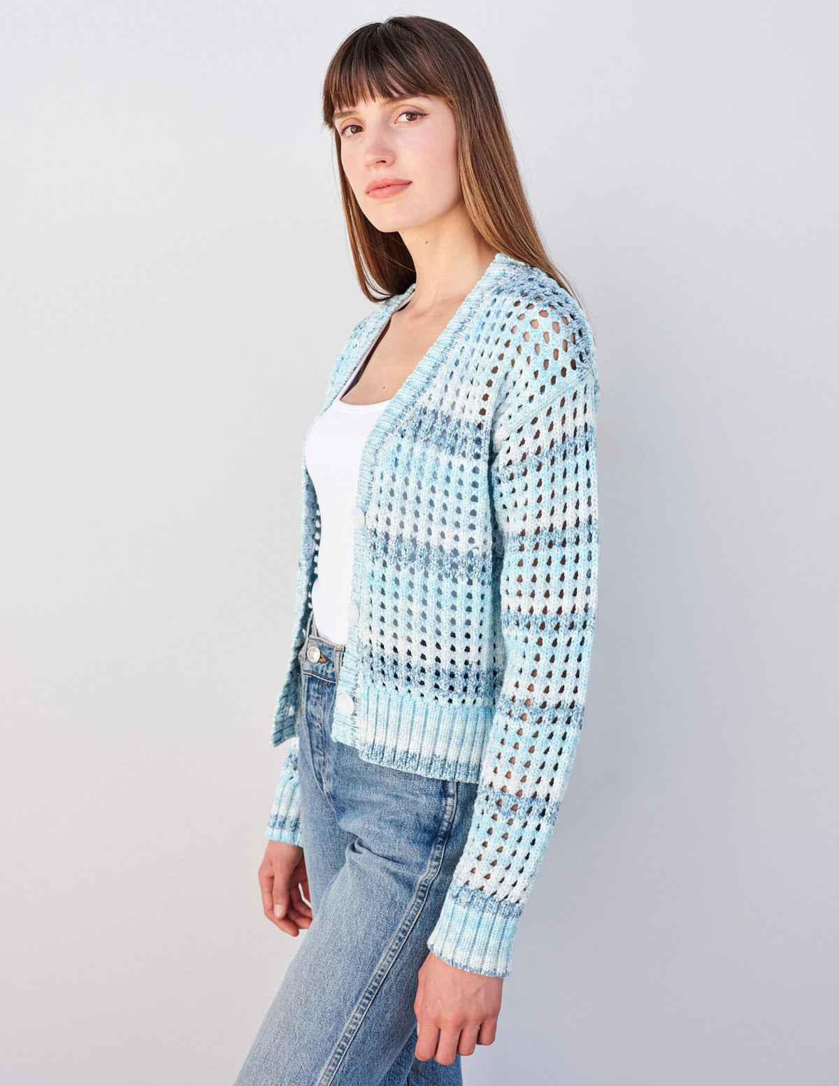 Sundry Boxy Crochet Cardigan in Aruba Blue