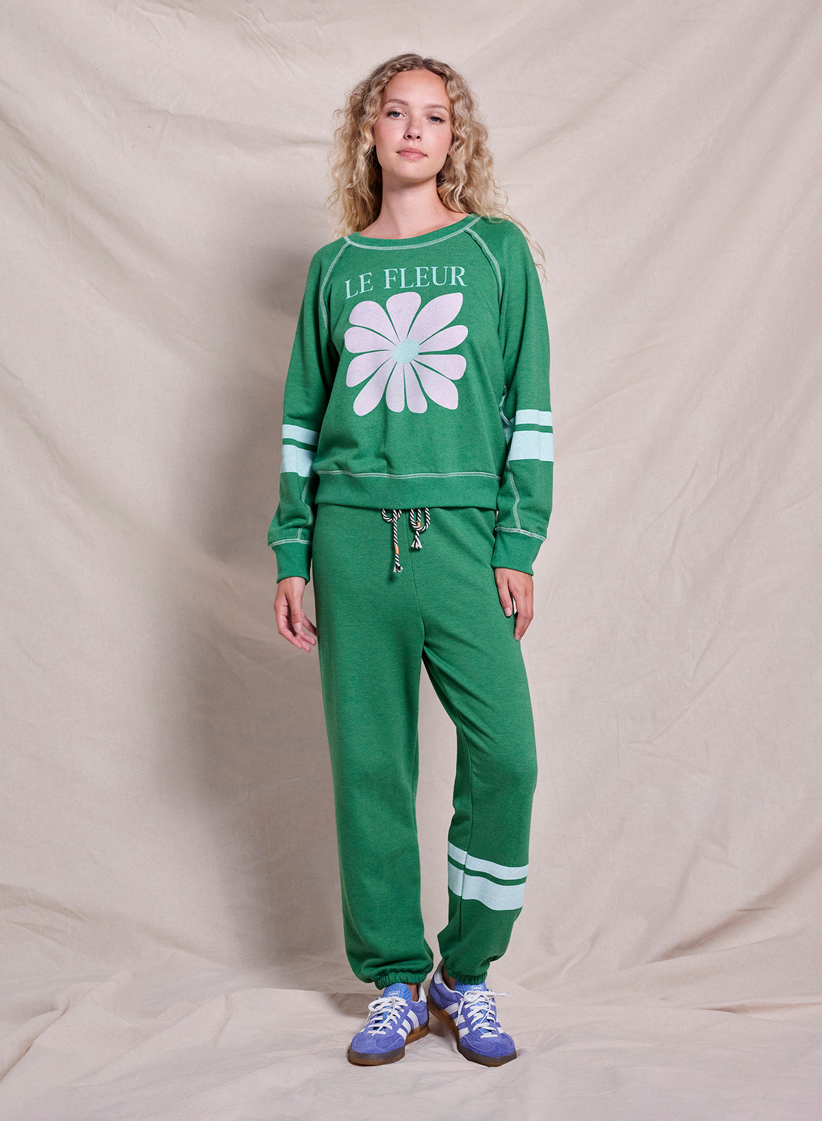 Sundry Le Fleur Raglan Sweatshirt &amp; Basic Double Stripe Sweatpant in Green Garden