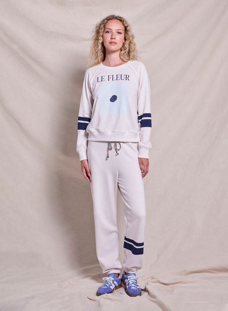 Sundry Le Fleur Raglan Sweatshirt & Double Stripe Basic Sweatpant Set in Oyster
