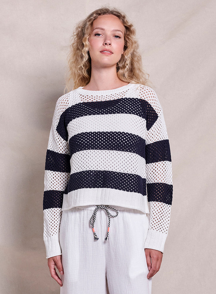 Sundry Mesh Stripe Boat Neck Sweater in Deep Navy - Main Image