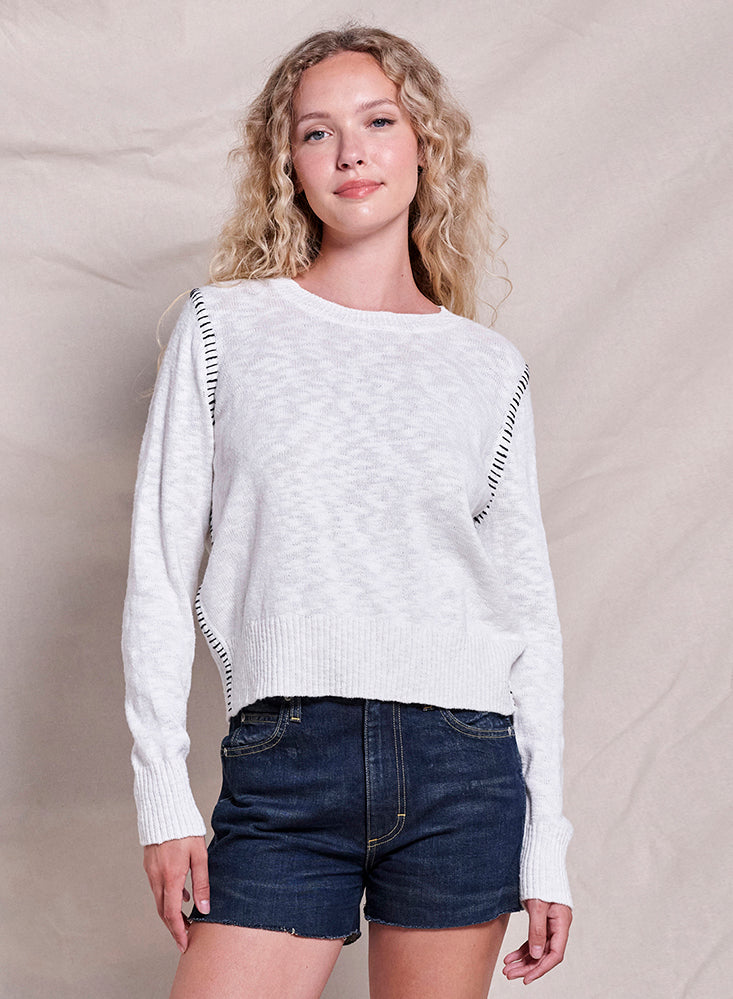 Sundry Baseball Stitch Cotton Slub Crew Sweater in Optic White