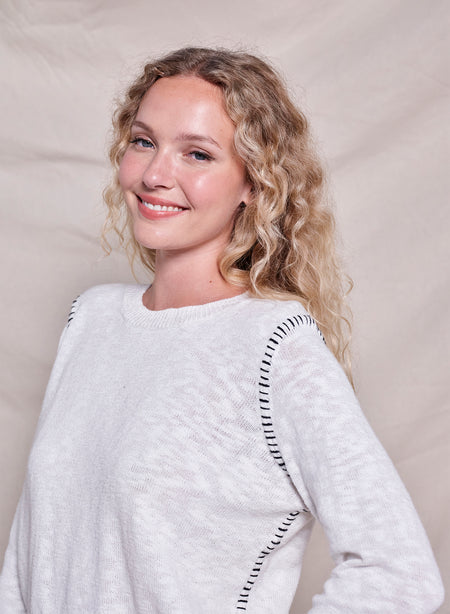 Sundry Baseball Stitch Cotton Slub Crew Sweater in Optic White