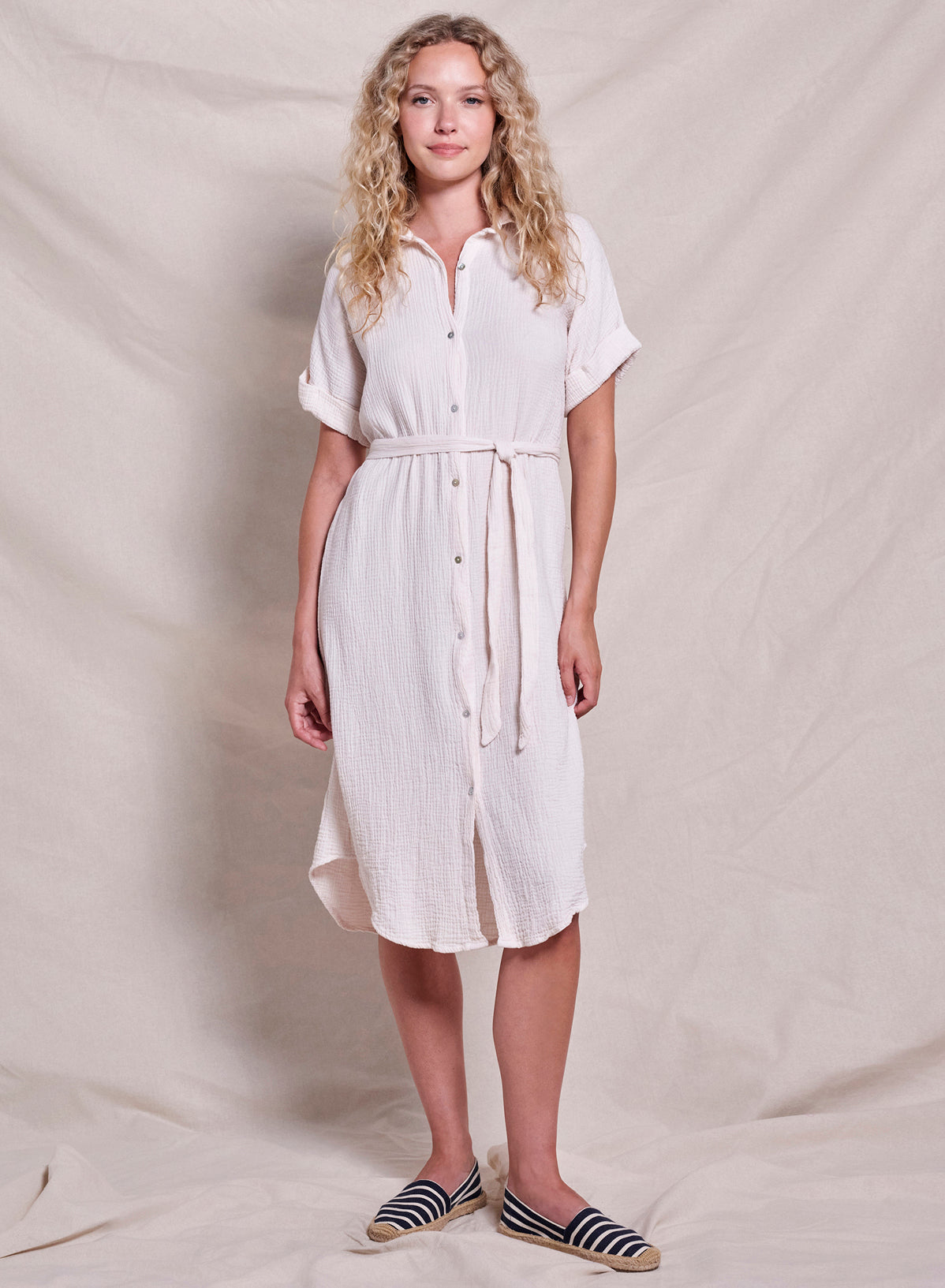 Sundry Gauze Roll Sleeve Shirt Dress in Oyster
