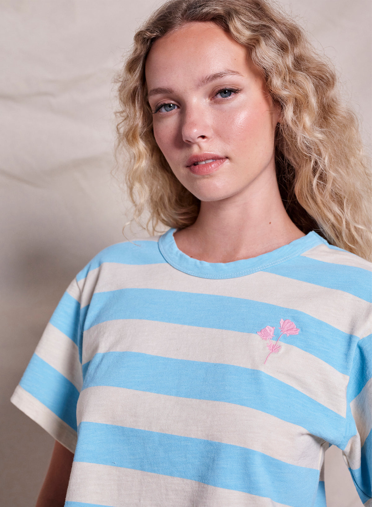 Sundry Floral Embroidery Rugby Stripe Boy Tee in Robins Egg