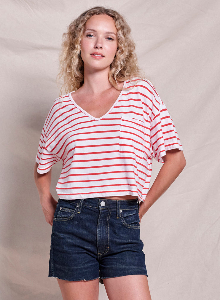 Sundry Crop V-Neck Pocket Tee in Optic White