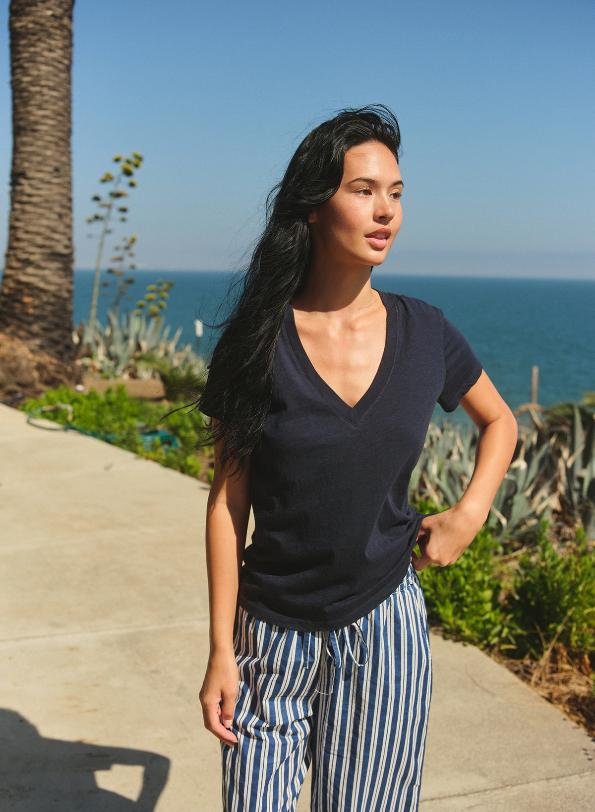 Sundry Deep V-Neck Tee in Deep Navy
