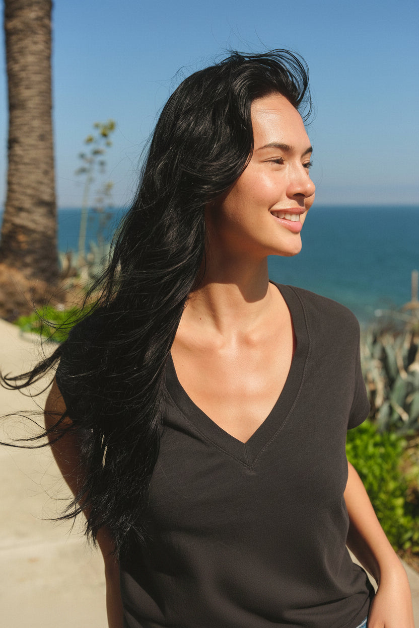 Sundry Deep V-Neck Tee in Washed Black