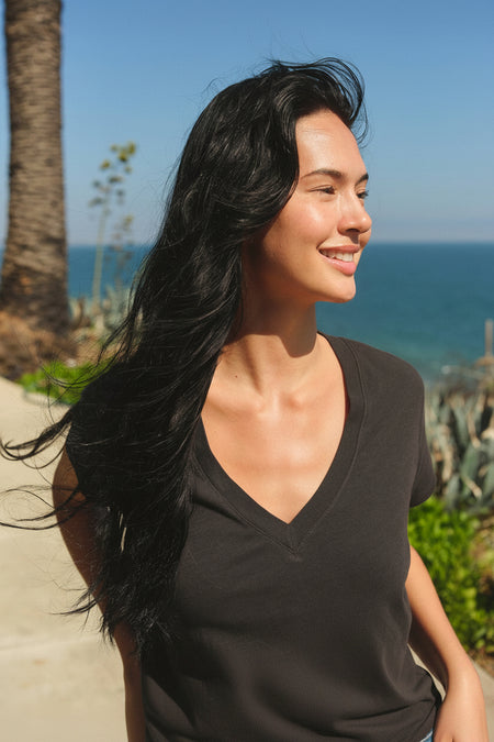 Sundry Deep V-Neck Tee in Washed Black