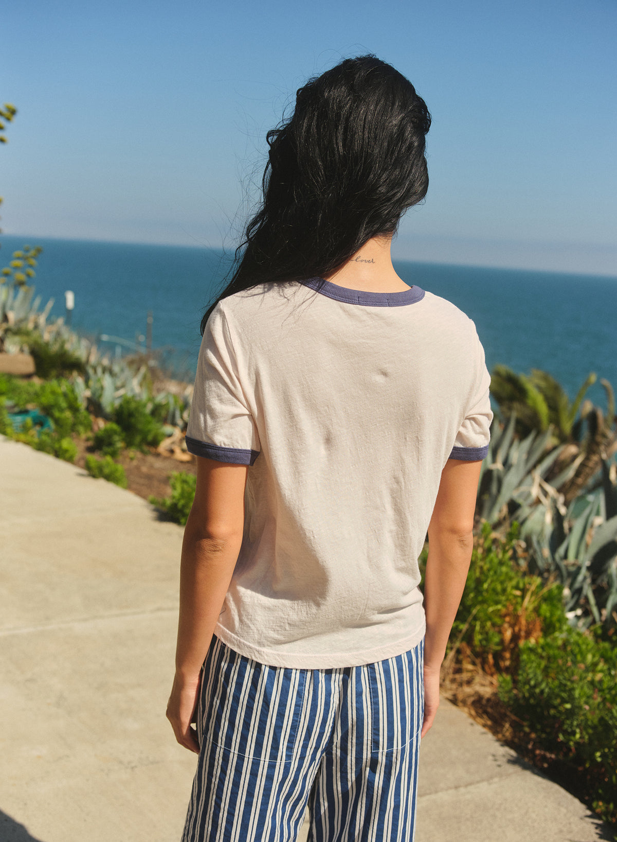 Sundry St Tropez Stamp Short Sleeve Boxy Crew Ringer Tee in Oyster