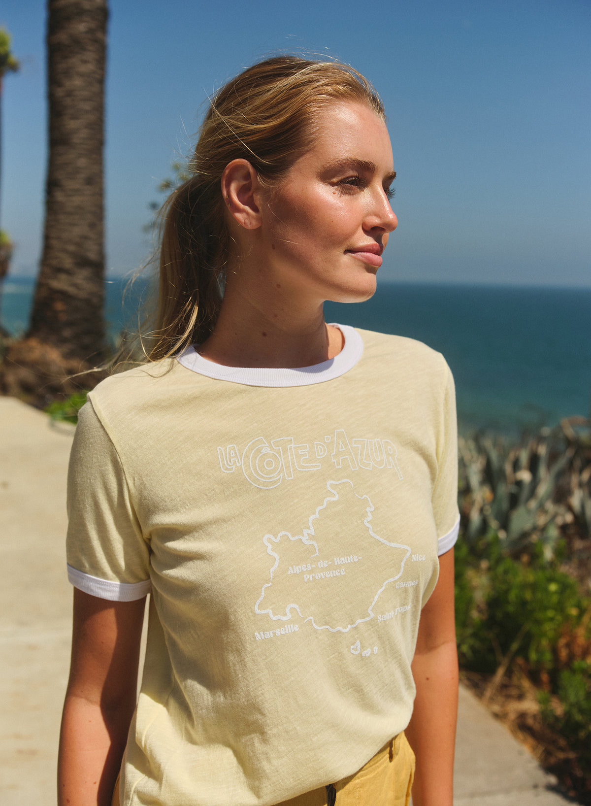 Sundry La Cote D'Azur Short Sleeve Boxy RIinger Crew Tee in Butter Cream