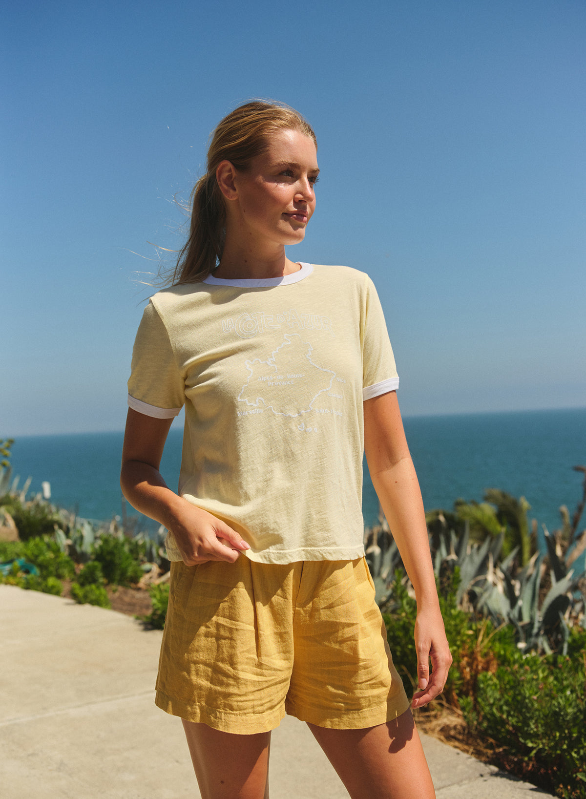 Sundry La Cote D'Azur Short Sleeve Boxy RIinger Crew Tee in Butter Cream