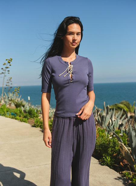 Sundry Lace Up Coastal Top in Vintage Navy