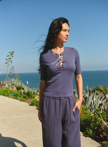 Sundry Lace Up Coastal Top in Vintage Navy