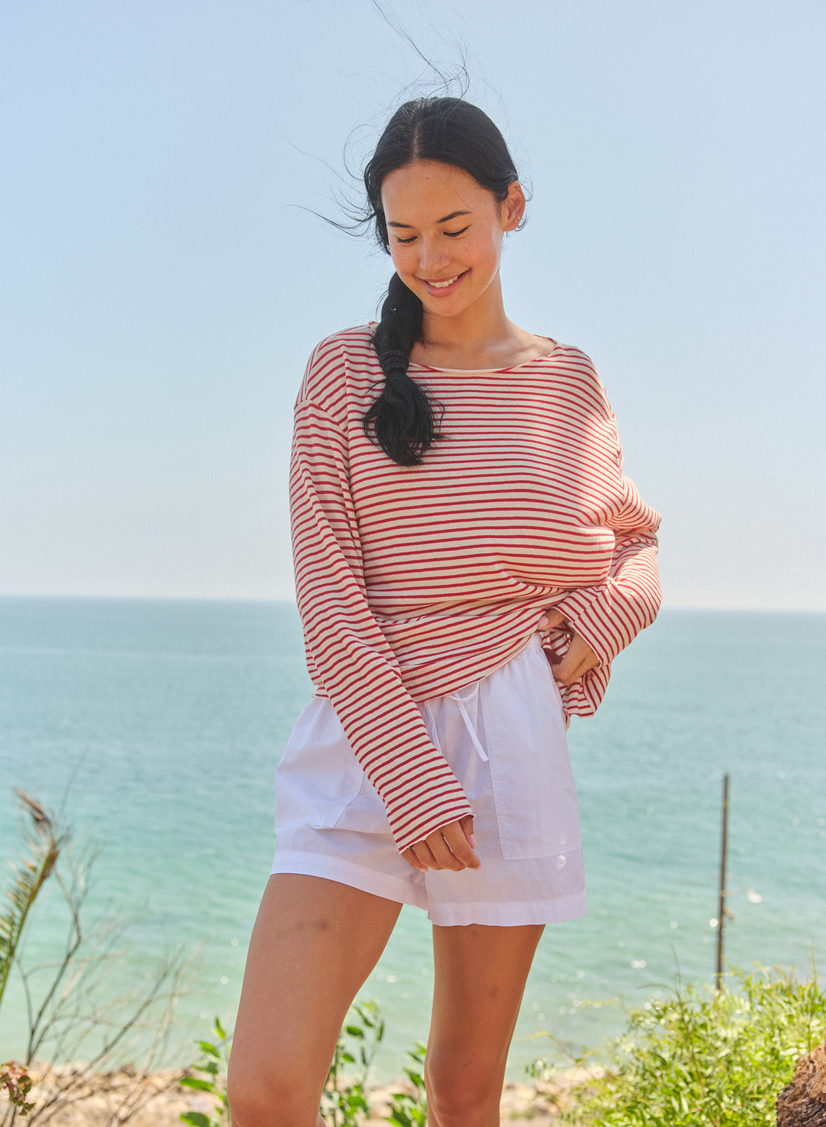 Sundry Boat Neck Stripe Top with Raw Edge in Oyster