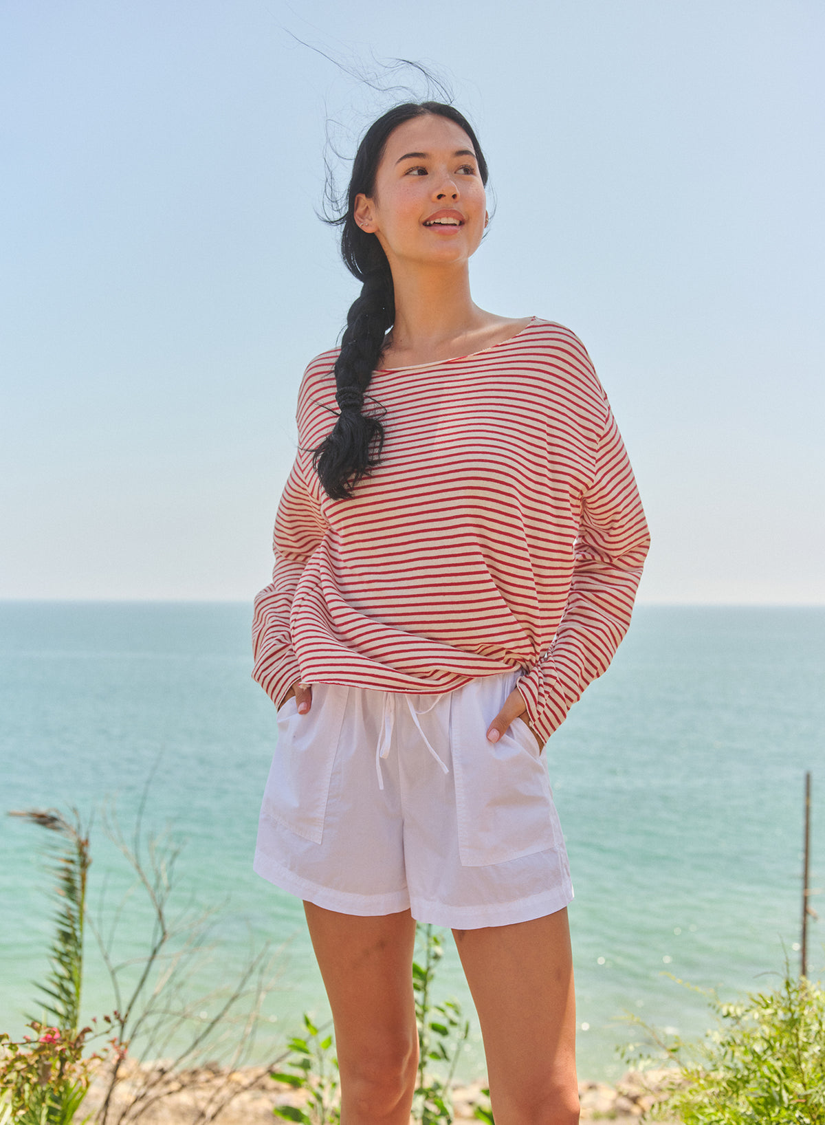 Sundry Boat Neck Stripe Top with Raw Edge in Oyster