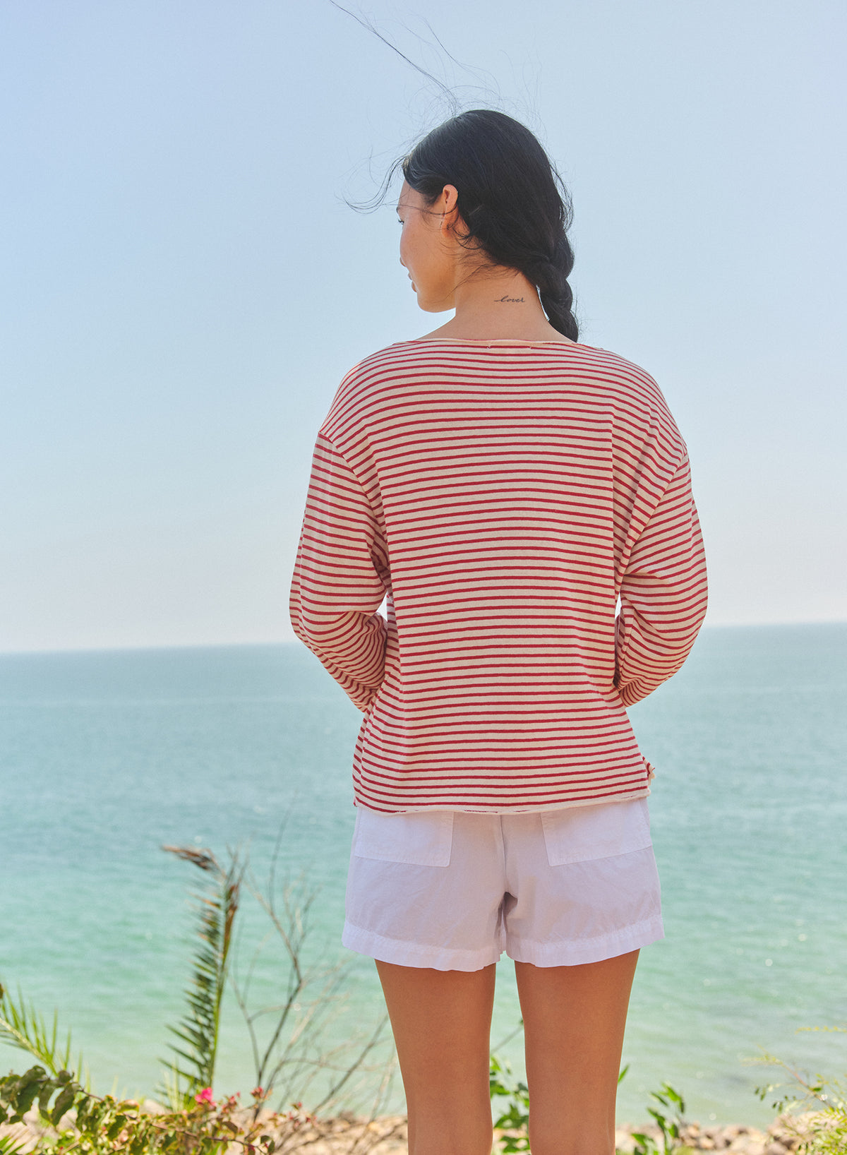Sundry Boat Neck Stripe Top with Raw Edge in Oyster