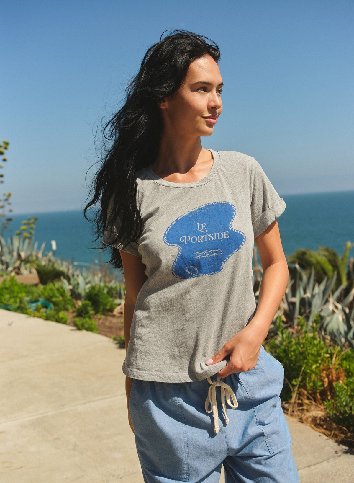 Sundry Le Portside Rolled Sleeve Tee in Heather Grey