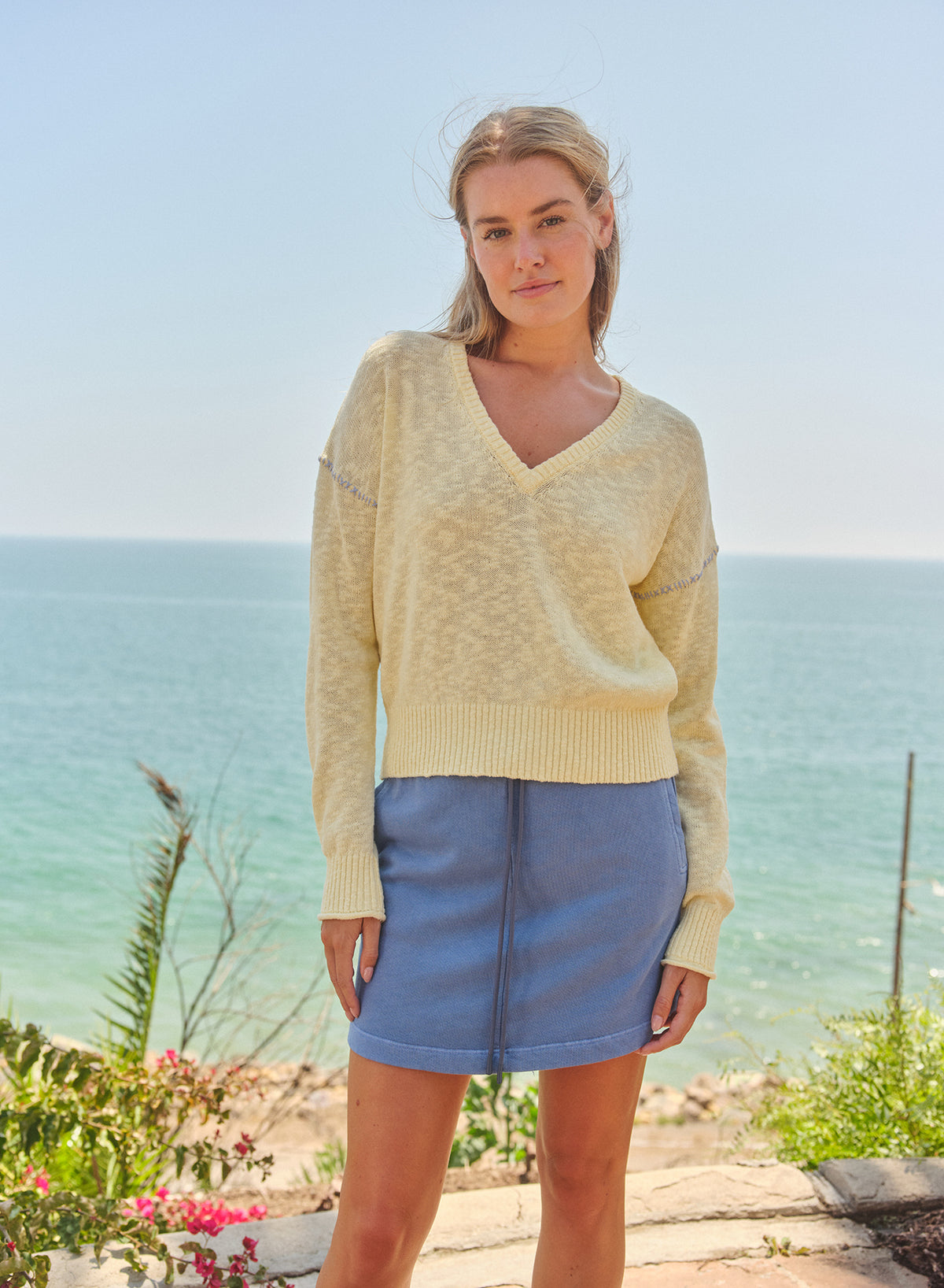 Sundry V-Neck Sweater with Contrast Stitching in Butter Cream
