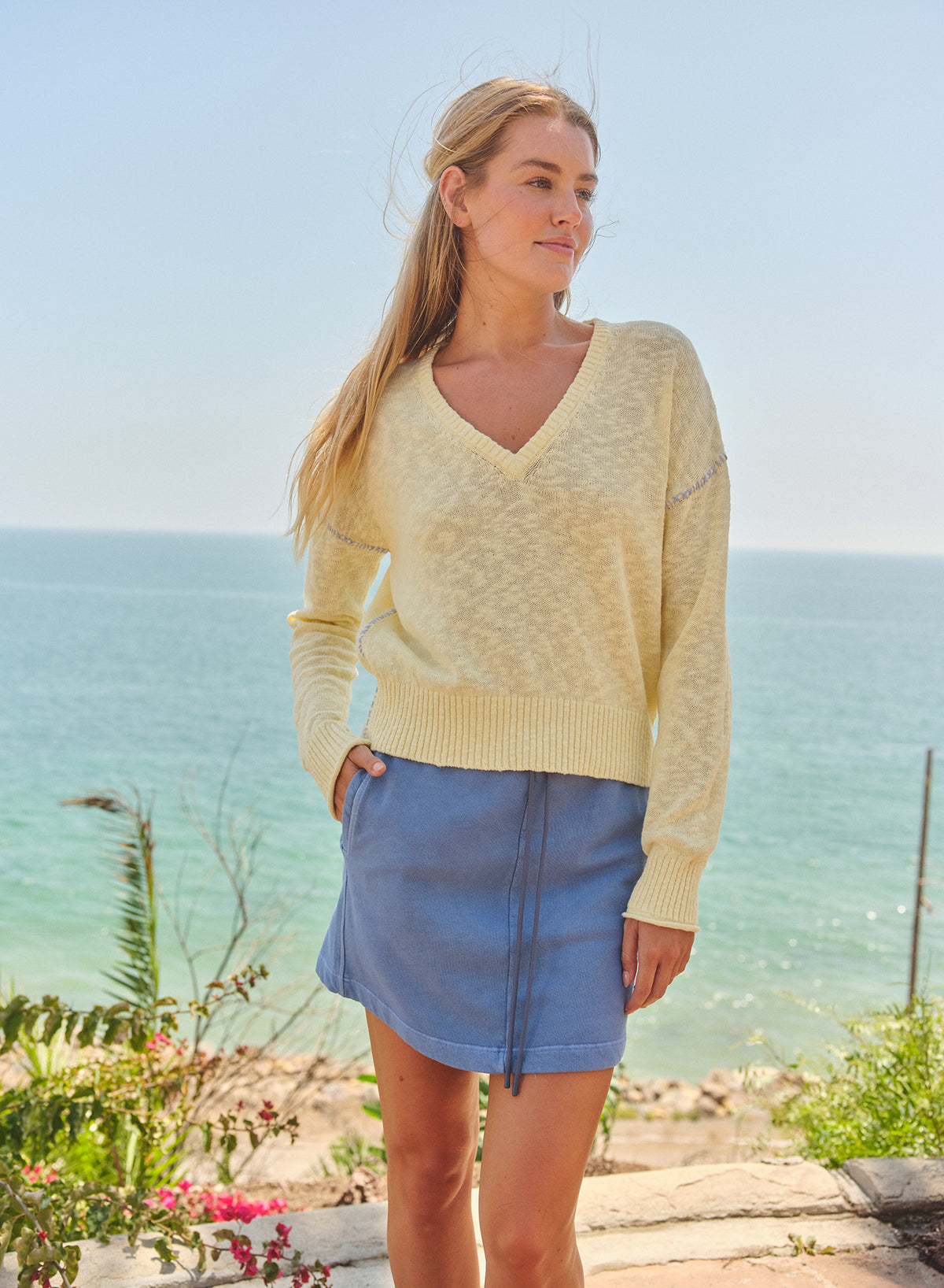 Sundry V-Neck Sweater with Contrast Stitching in Butter Cream