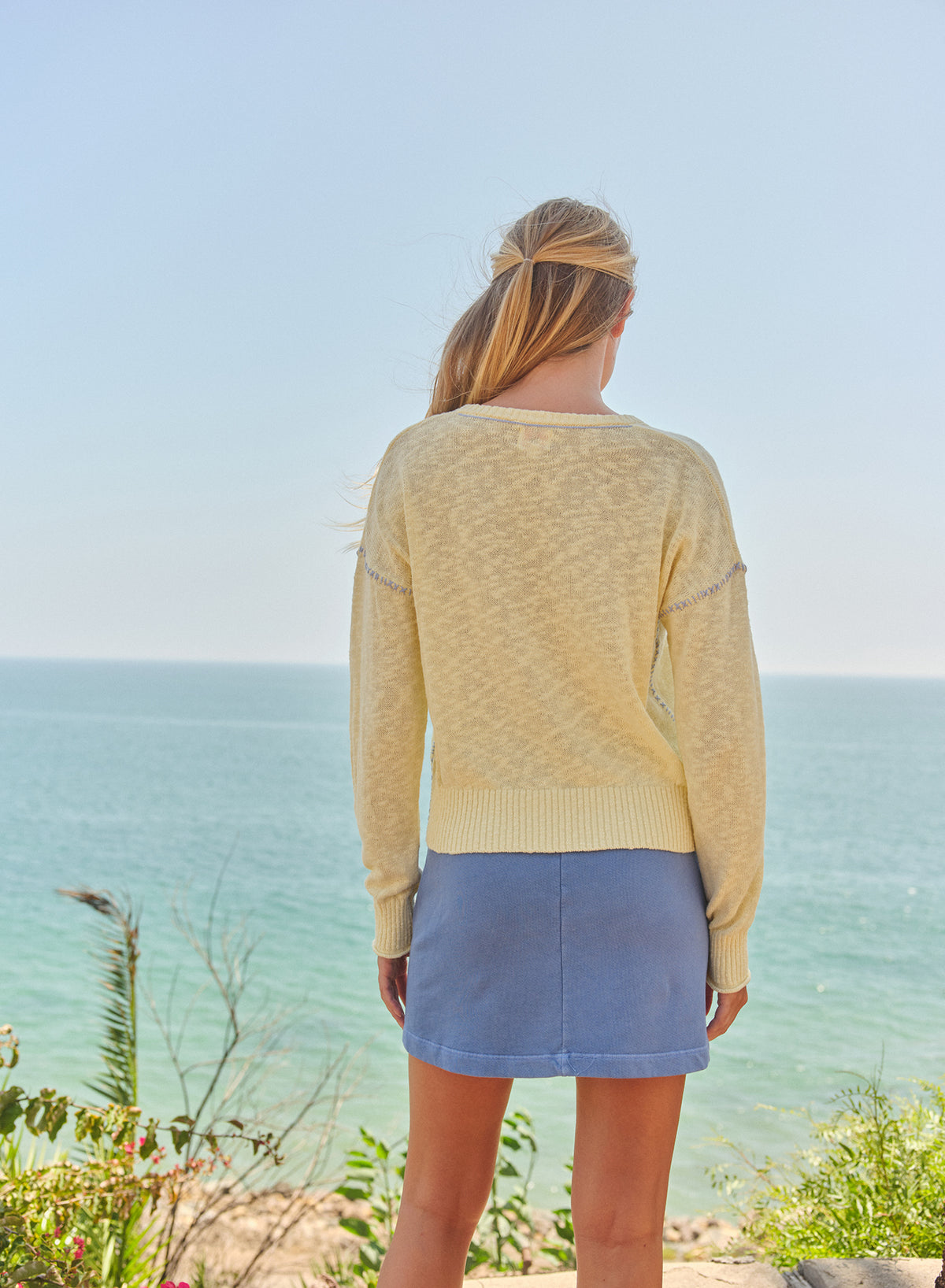 Sundry V-Neck Sweater with Contrast Stitching in Butter Cream