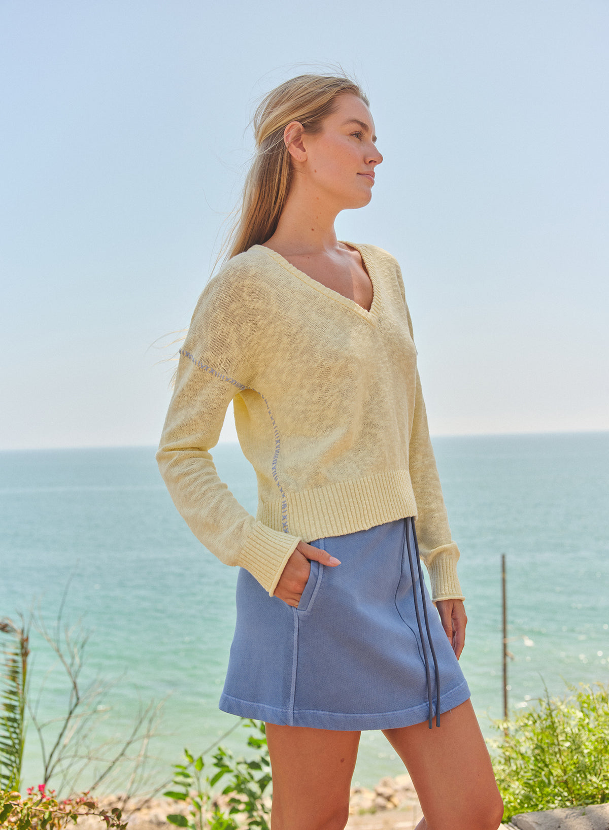 Sundry V-Neck Sweater with Contrast Stitching in Butter Cream