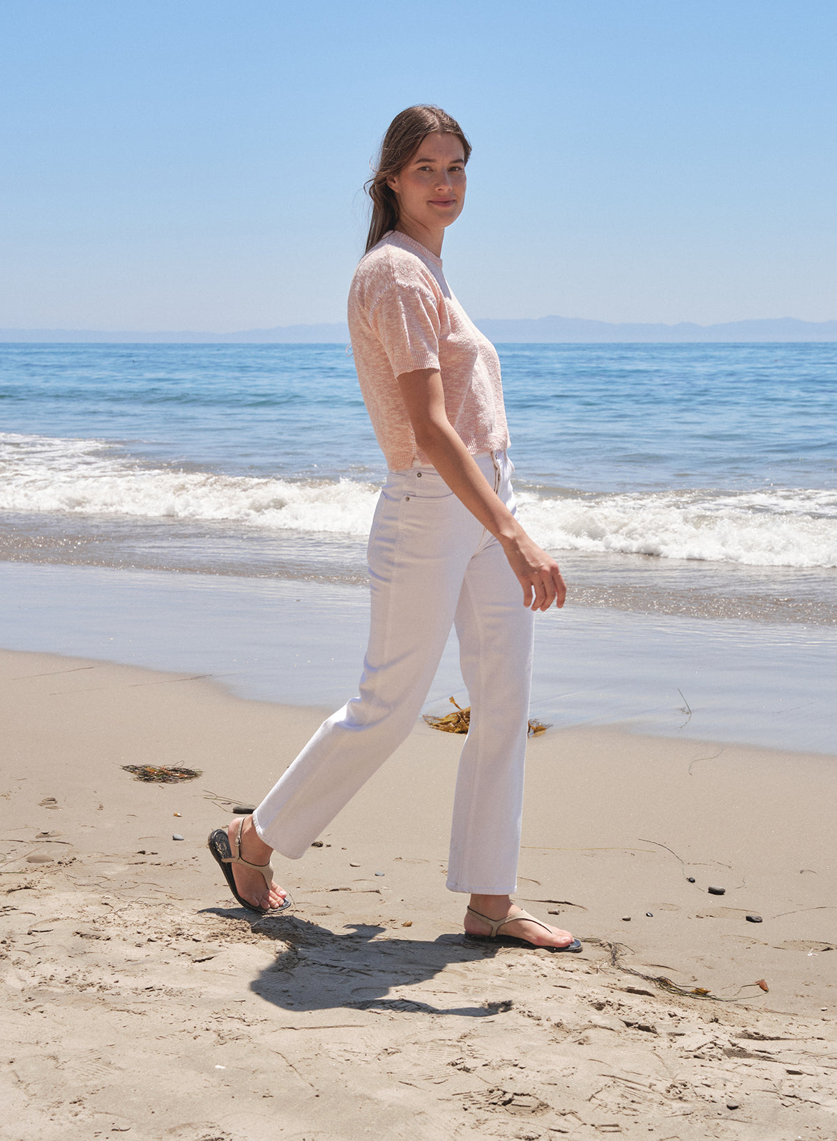 Sundry Short Sleeve Crew Sweater with Contrast Stitching in Faded Pink