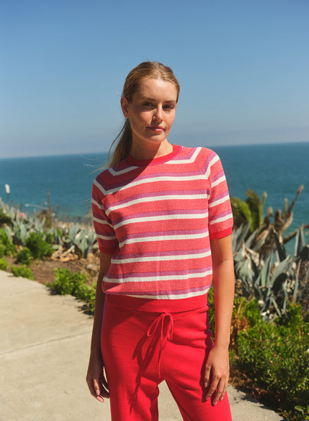 Sundry Crew Neck Stripe Raglan Sweater in Vermillion
