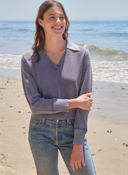 Sundry Acid Wash Johnny Collar Sweater in Vintage Navy