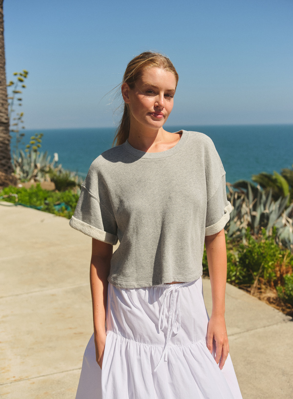 Sundry Roll Sleeve Vintage Terry Top in Heather Grey