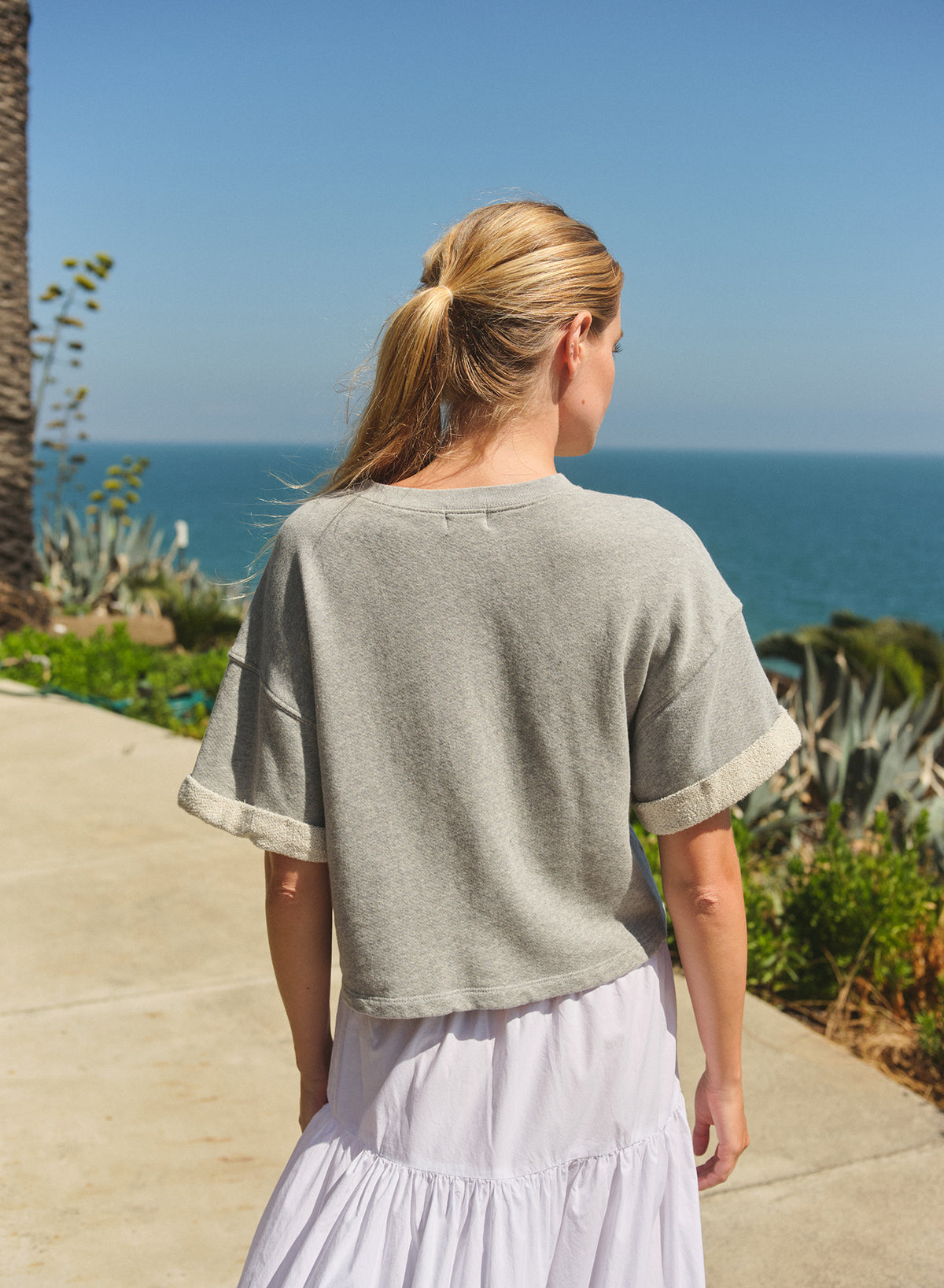 Sundry Roll Sleeve Vintage Terry Top in Heather Grey