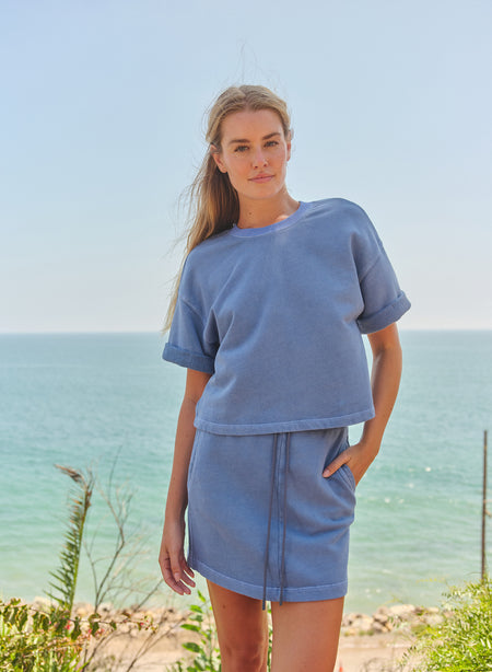 Sundry Roll Sleeve Vintage Terry Top in College Blue