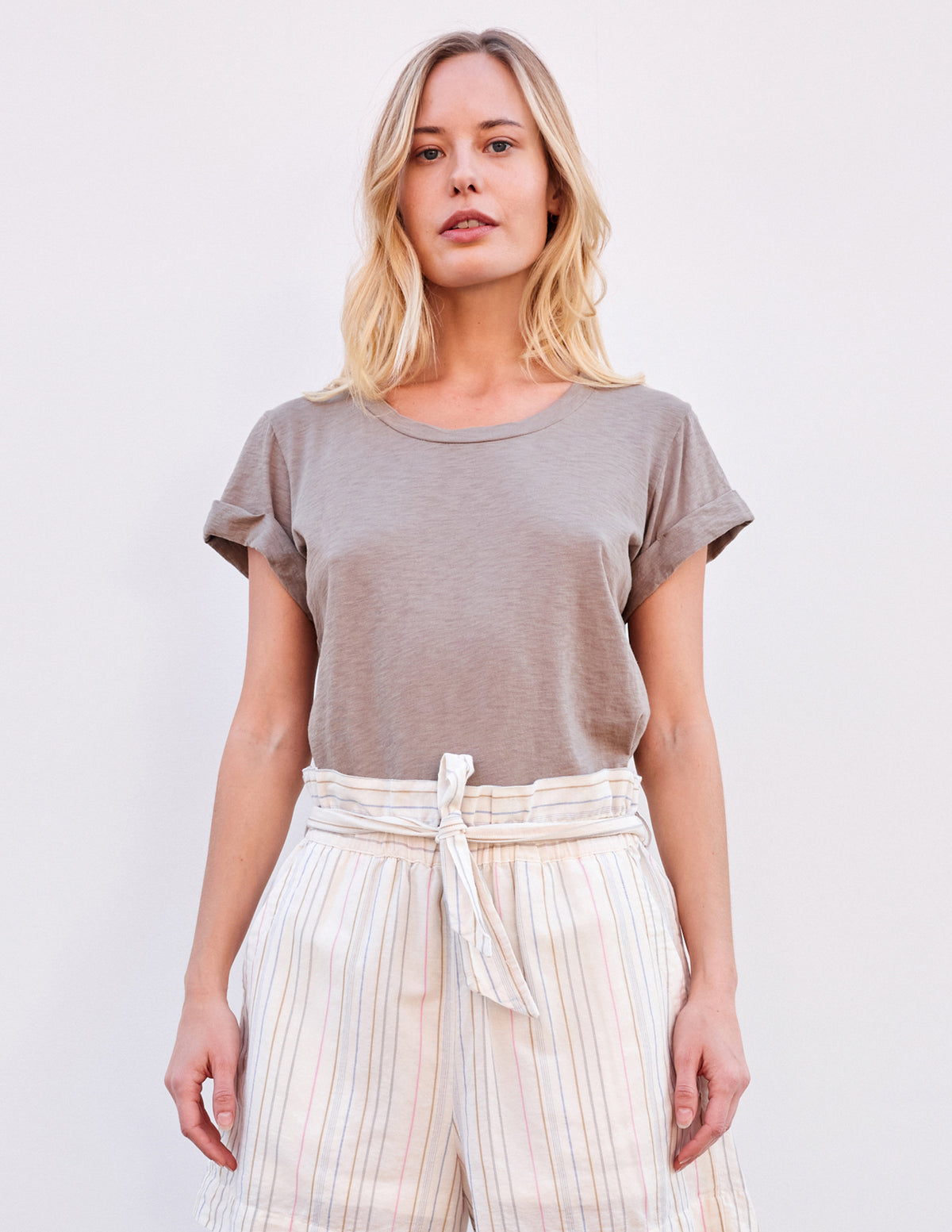 Sundry Rolled Sleeve Tee in Sage-3/4 front