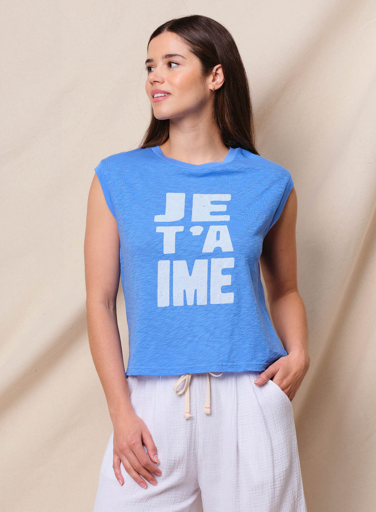 Sundry Je T&#39;aime Cropped Muscle Tee in Lagoon Blue