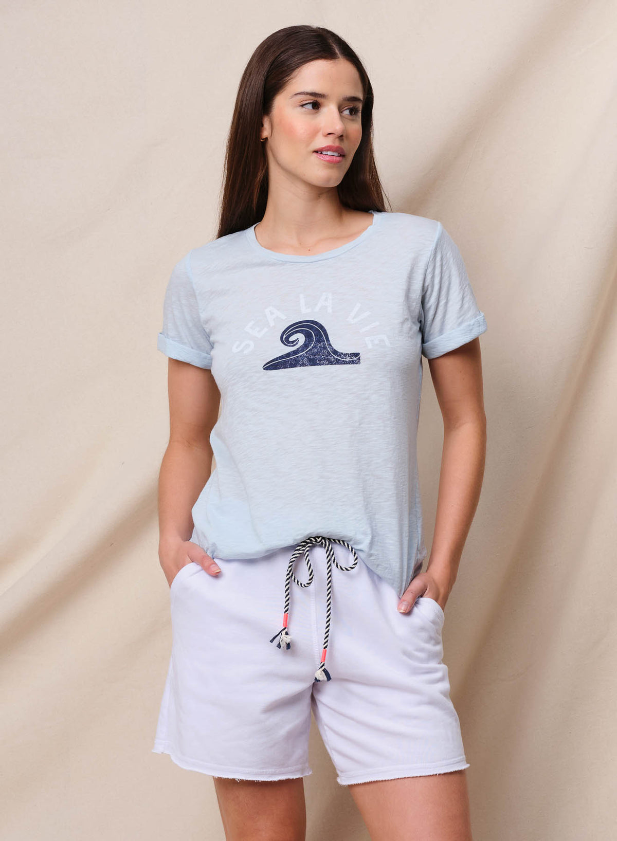 Sundry Sea La Vie Rolled Sleeve Tee in Chambray