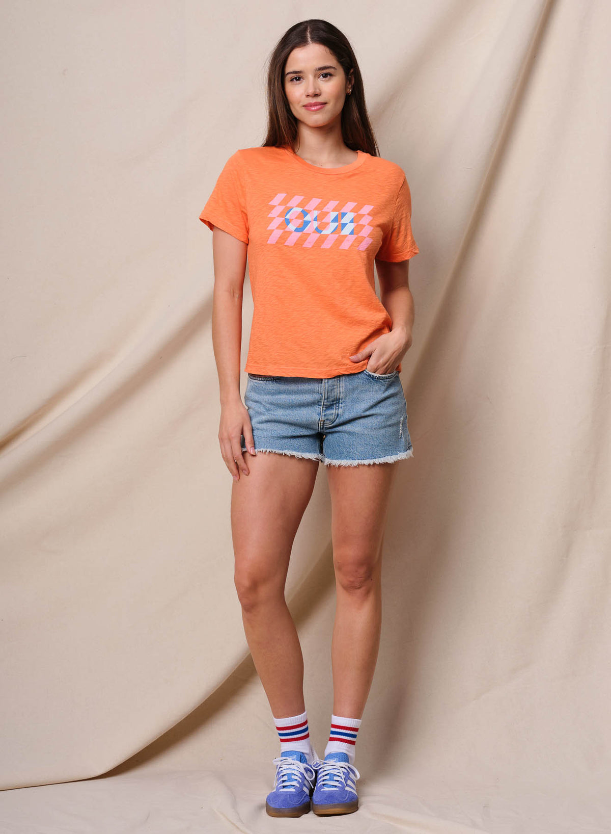 Sundry Oui Short Sleeve Boxy Crew Tee in Blaze Orange