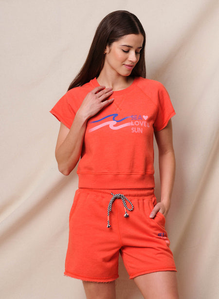 Sundry Sea Love Sun Short Sleeve Sweatshirt & Sundry Sea Love Sun Long Inseam Short in Bright Coral