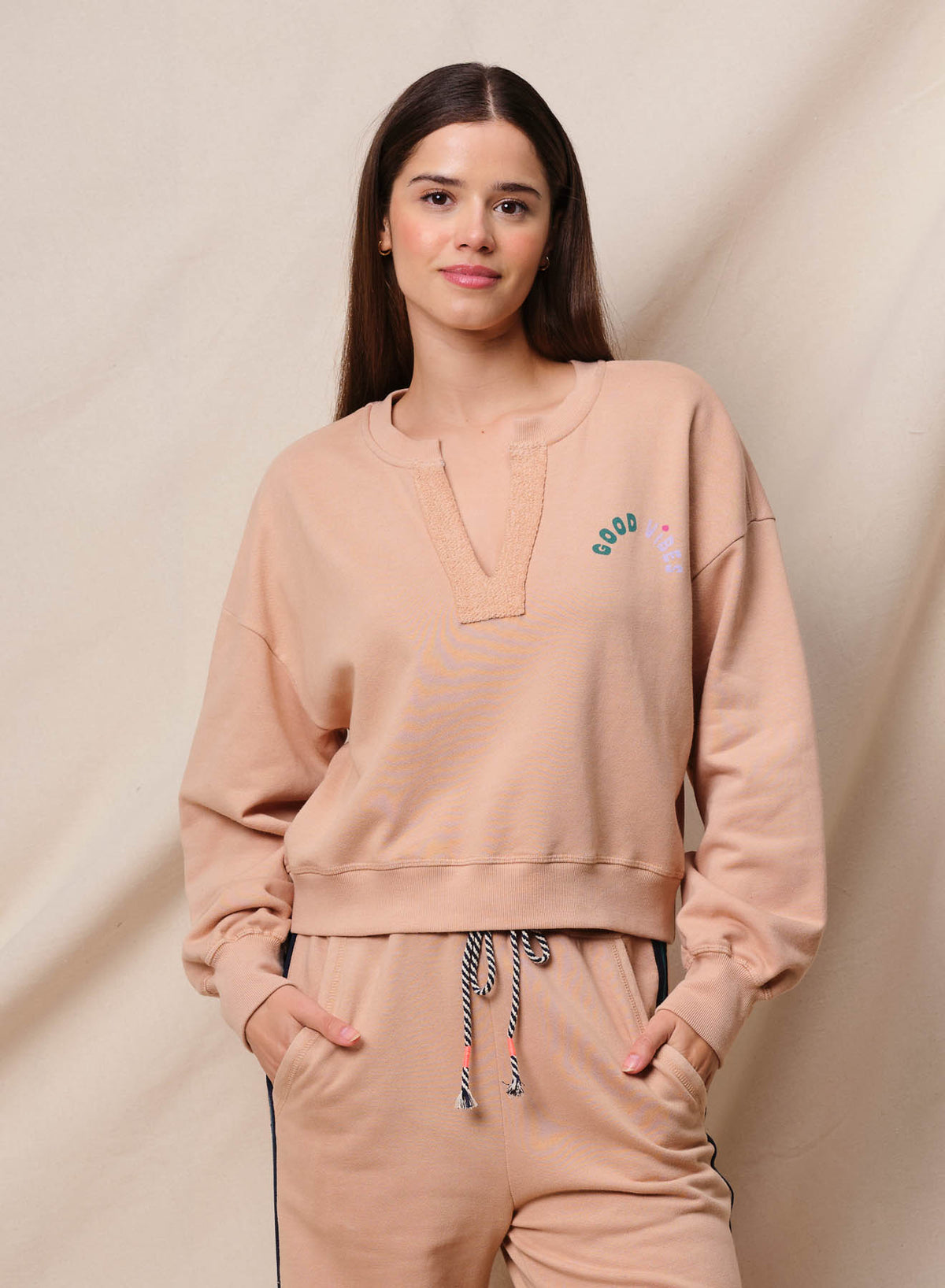 Sundry Good Vibes Split Neck Sweatshirt in Almond