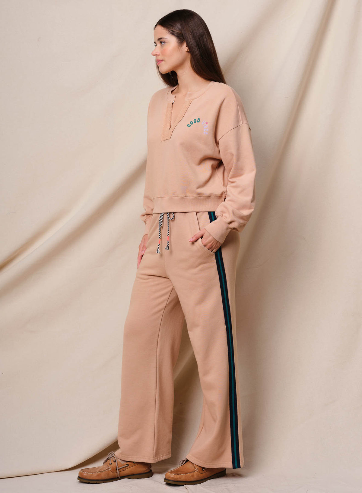 Sundry Good Vibes Split Neck Sweatshirt in Almond